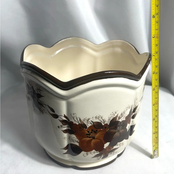 Vee Jackson California Pottery Planter Brown Floral Hand Painted Artist Signed - Picture 7 of 9